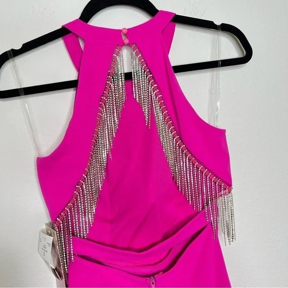Emerald Sundae Sleeveless HighNeck Rhinestone Fringe Back Dress Neon Pink XS NWT - Picture 5 of 15
